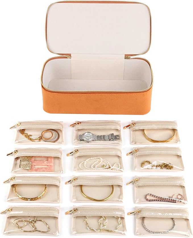 HofferRuffer Jewelry Box Organizer for Women Girls, Travel Jewelry Case with 12 Portable Zipper Bags, Jewelry Storage Ideal for Travel & Home Organization (12pcs-Brown Velvet)