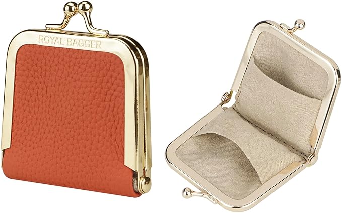 Royal Bagger Genuine Cow Leather Ultra-Slim Mini Jewelry Box, Ring & Necklace Storage, Slim Coin Purse with Kiss Lock for Women 3120 (Orange)