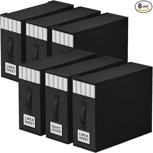 StorageTastic 6 Pack Bed Sheet Closet Organizers and Storage,Sturdy Foldable Storage Containers with Window and Label,Storage and Organization for Bedding Sheets,Duvet Covers,Blankets (Black)