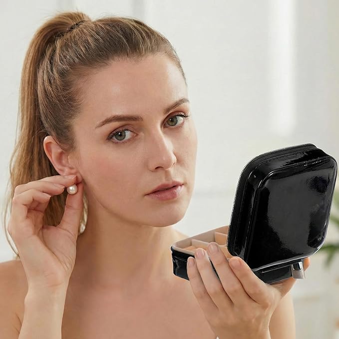 Nosiny 2 Pack Travel Jewelry Case with Mirror Small Laser Jewelry Box Organizer Gifts for Mother's Day Women Rings Earrings(White and Black)