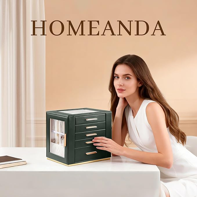 Homeanda Jewelry Box for Women with Glass Lid, 5 Drawers Jewelry Organizer and Storage for Necklaces, Rings, Earrings, Bracelets, Gift for Girls and Teens,PU Leather (Green)