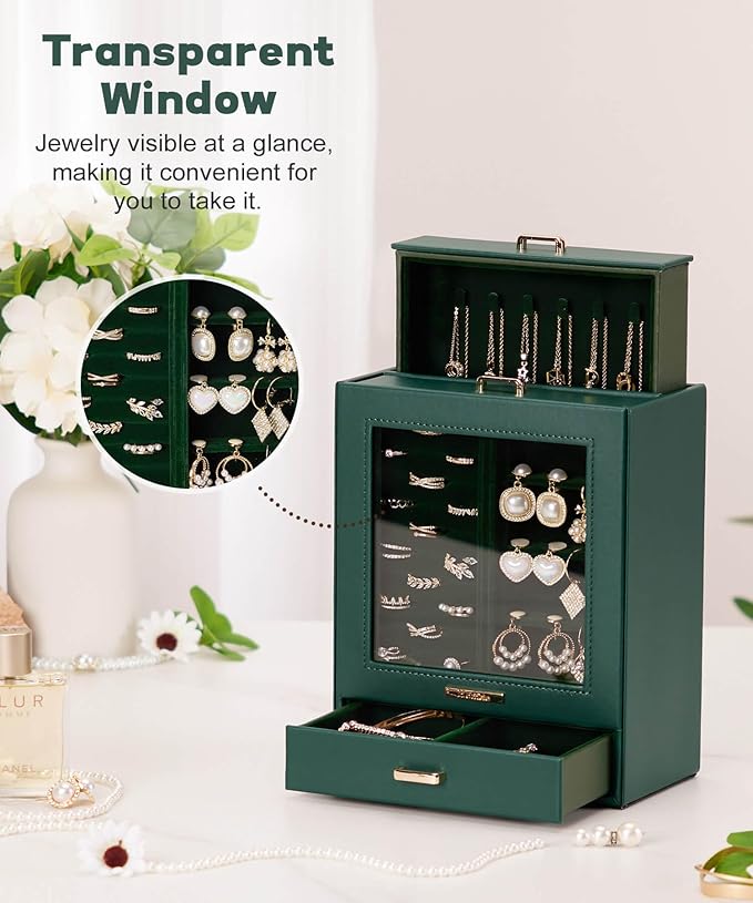 Homde Mothers Day Gifts Jewelry Organizer Girls Women Jewelry Box for Necklaces Rings Earrings Gift Bracelets Storage Case (Forest Green + Gold)