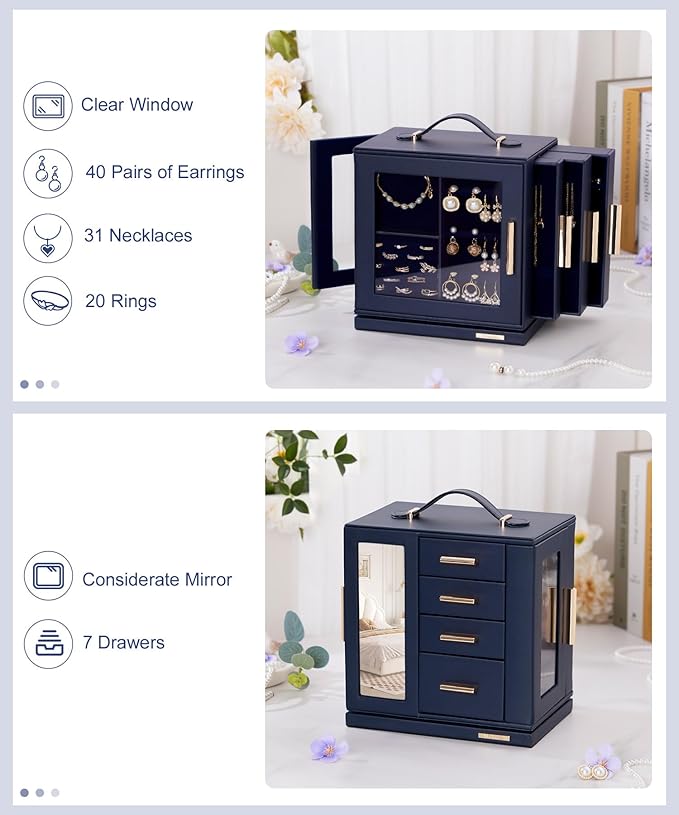 Homde Mothers Day Gifts Jewelry Box for Women Large: Rotating Organizer for Ring Earring Necklace Bracelet - 7 Drawers Storage for Dresser (Dark Blue)