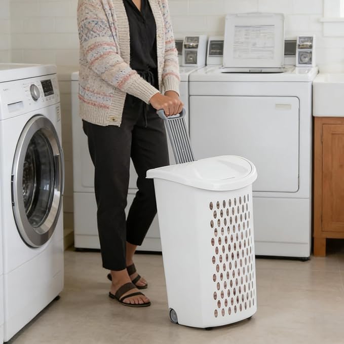 White Laundry Basket, Laundry Hamper with Lid & Wheels, Hamper with Retractable Handle, Ventilated Hamper Basket for Bedroom, Bathroom, and Laundry Room, School Dormitory