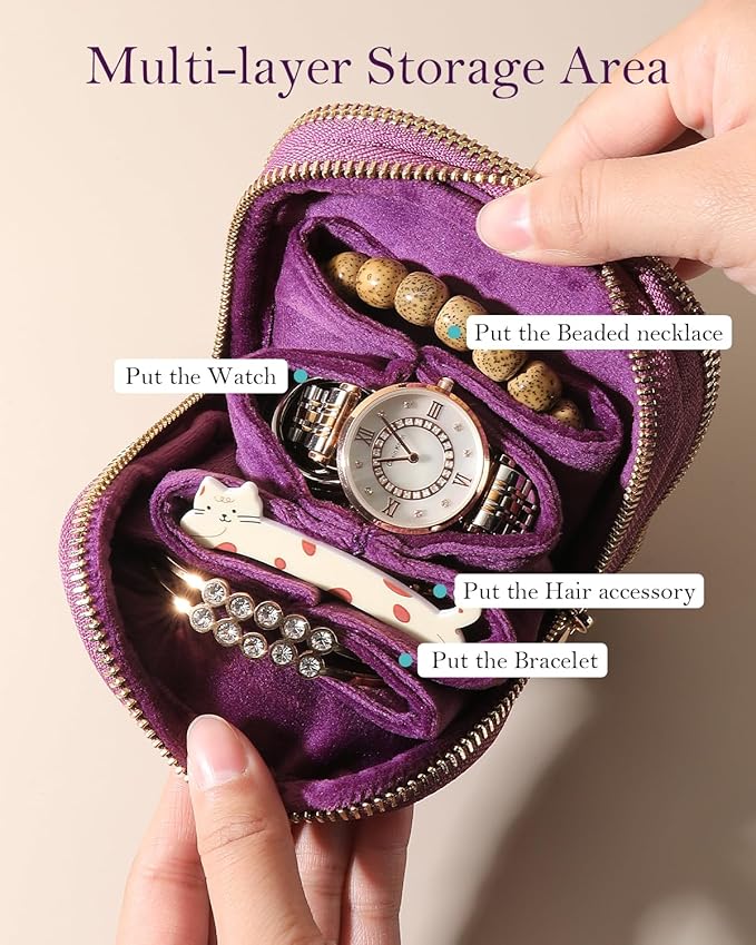 COOLYOUTH Travel Jewelry Case Organizer for Women Portable Jewelry Box with Small Pouches Mini Jewelry Bag for Rings, Bracelets, & Bangles with Smooth Metal Zipper (Plum Purple)