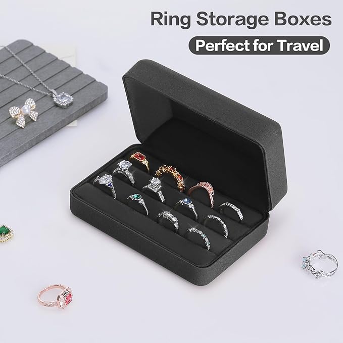 KUKUVR Velet Ring Storage Box, Travel Jewelry Case with 3 Slot Ring Display Organizer (Black)