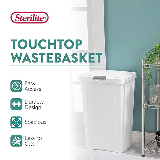 Sterilite 13 Gallon TouchTop Wastebasket Trash Can Garbage Recycle Bin with Titanium Latch for Kitchen, Garage, Basement, or Office, White (8 Pack)