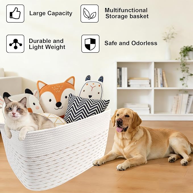Large Blanket Basket,Woven Rope Basket Storage Bin with Handles,65L Rectangle Laundry Basket for Magazines,Toys,Clothes,Newspaper Shelf Organization,Nursery and Living Room,White&Yellow