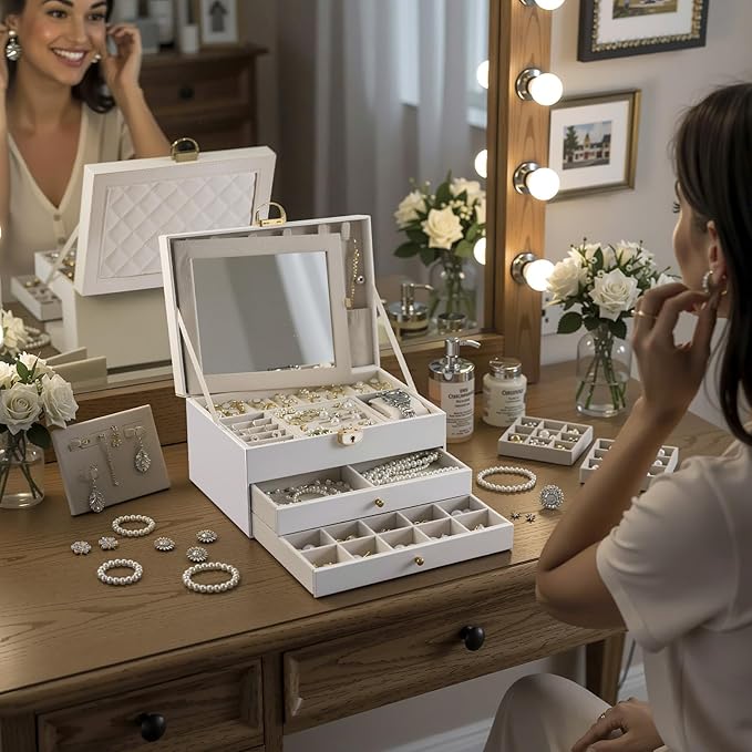 3 Layer Jewelry Boxes for Women with Mirror Large Jewelry Organizer Box with 2 Jewelry Organizer Drawer PU Lockable Elegant Unique Gifts for Women, White