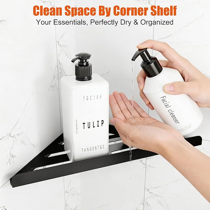 Fikoksol Shower Caddy, 2 Pack Bathroom Corner Shelf, Triangle Shelf Storage for Bathroom Shower, Black Metal Shower Shelf & Rustproof Wall Mounted Adheisve Shower Organizer Accessories and Essentials