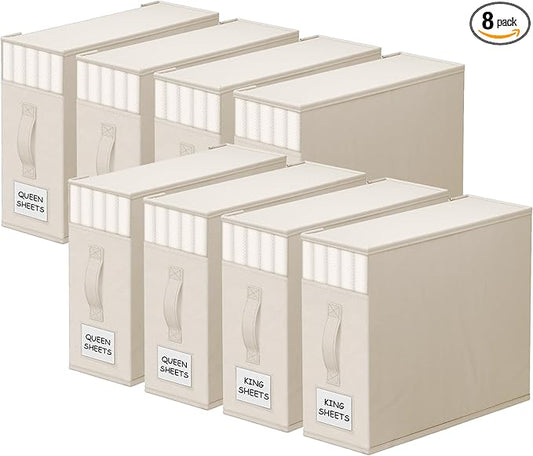 StorageTastic 8 Pack Bed Sheet Closet Organizers and Storage,Sturdy Foldable Storage Containers with Window and Label,Storage and Organization for Bedding Sheets,Duvet Covers,Blankets (Beige)