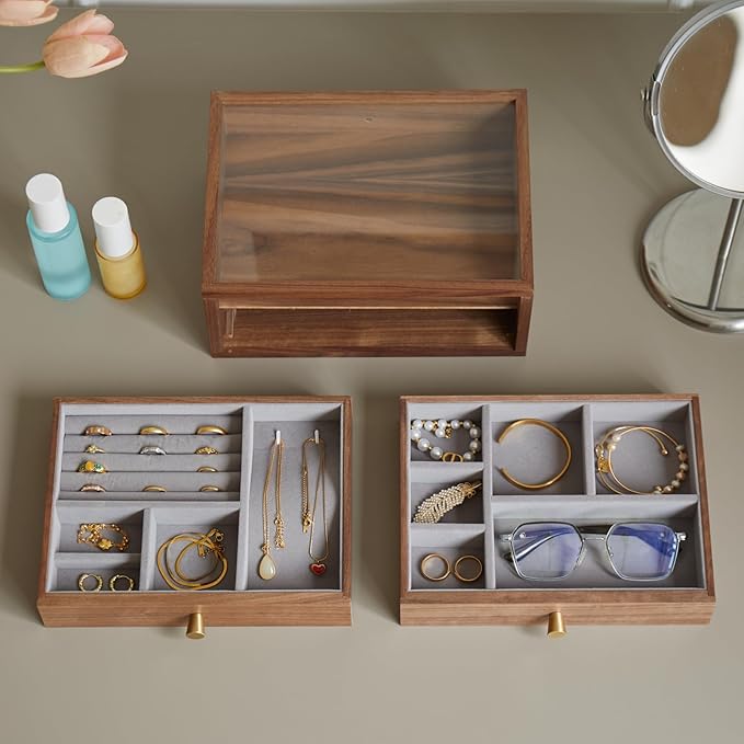 Black Walnut Jewelry Organizers and Storage,2 Layer Wooden Jewelry Boxes for Women,for Necklaces Ring Earring (2 Layer)
