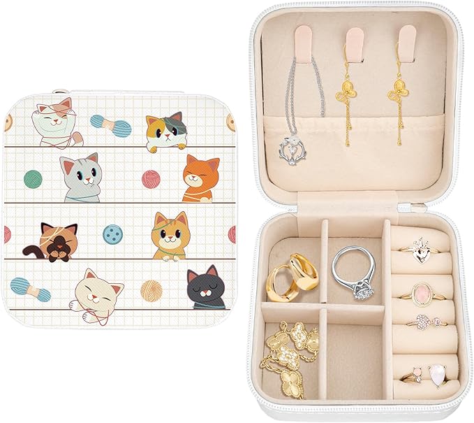 Cute Cat Travel Jewelry Organizer Cute Mini Jewelry Travel Case Small Jewellery Box Case Portable Earring Ring Storage Box Bracelet Organizer Christmas Birthday Gift for Mom Wife Daughter