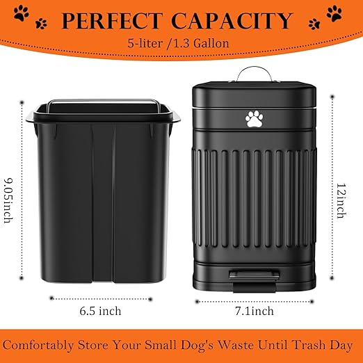 Dog Poop Trash Can Outside, 5L/1.3Gal Metal Dog Waste Trash Can with Lid, Foot Pedal, Pet Waste Container with 40 Bags, Poop Bucket with Lid Soft Close for Pet, Black