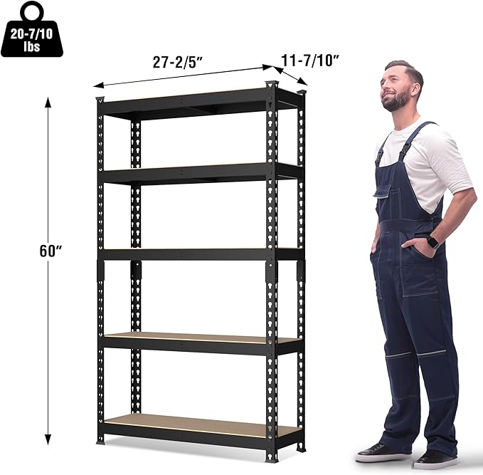 WORKPRO 5-Tier Steel Shelving Unit-Black, 27-2/5"W x 11-7/10"D x 60" H, Adjustable Storage Rack, Heavy Duty Shelf with MDF Board, 1650 lbs Load Capacity (Total) for Garage, Basement, Kitchen