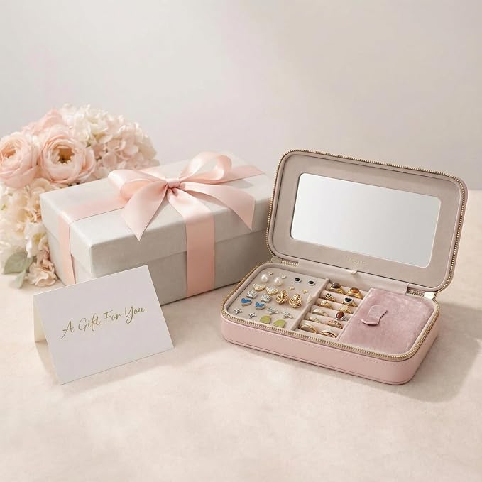Travel Jewelry Case with Mirror, Quilted Small Jewelry Box Organizer for Women Girls, Portable Earring Necklace Bracelet Ring Holder Storage for Travel Weekend Trips (Blush Pink)