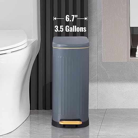 SYNCVIBE Slim Bathroom Trash Can with Soft Close Lid Stainless Steel Garbage Can Step Trash Bin with Removable Inner Bucket for Bedroom, Office, Kitchen (Matt Grey, 3.5 Gallons)
