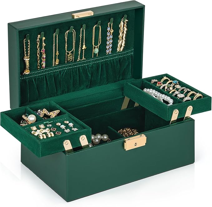 AKOZLIN Travel Jewelry Box Organizer Functional 2-trays Leather Jewelry Storage Case with Lockable Portable for Women Girls Ring Necklace Earring Bracelet