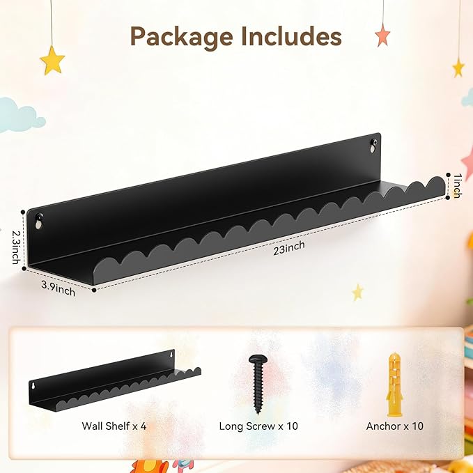 Floating Shelves for Wall, 23 Inch Metal Nursery Book Shelves 4 Pack, Wall Mounted Book Shelf for Kids Room, Bedroom, Bathroom, Playroom Decor (Black)
