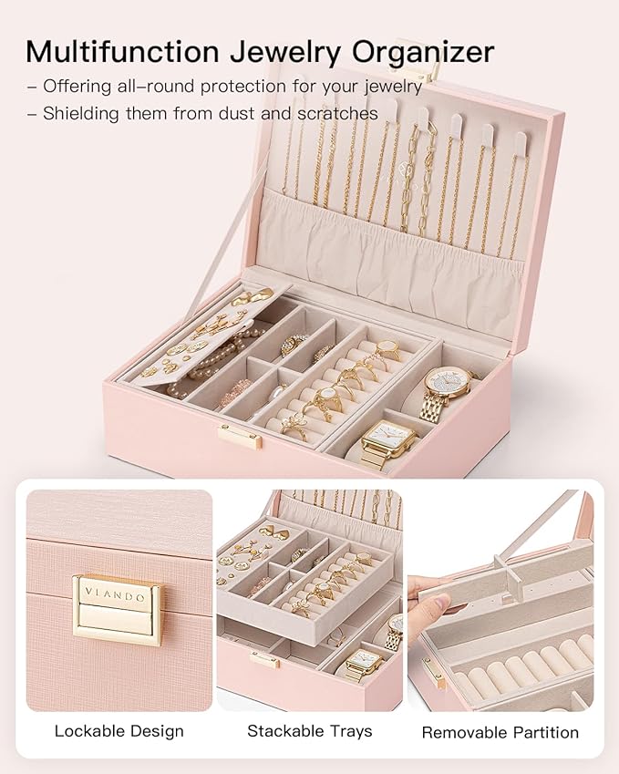VLANDO 2 Layer Jewelry Box Large Jewelry Organizer for Mothers Day Mom Gifts Jewelery Tray with Watch Pillow for Necklace Earrings Rings Bracelets Jewelry Boxes for Holidays Gifts (Pink)