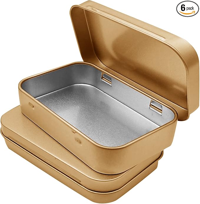 Hulless 6 Pcs Metal Hinged Tin Box Container Mini Portable Small Storage Container Kit with Lid for Home Storage 3.7 x 2.3 x 0.8 Inch, Gold