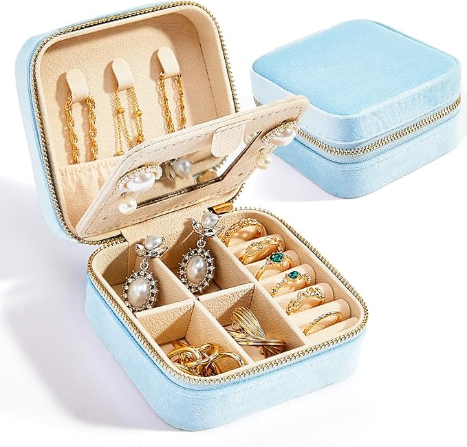 Smileshe Travel Jewelry Box with Mirror, Velvet Mini Case for Women Girls, Small Portable Gifts Organizer Boxes for Rings, Earrings, Necklaces, Bracelets