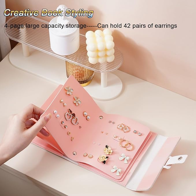 LAKE OF FIRE Earring Holder Organizer with Foldable Book Design Jewelry Book Organizer, Portable Pu Leather Travel Earring Case(Pink)