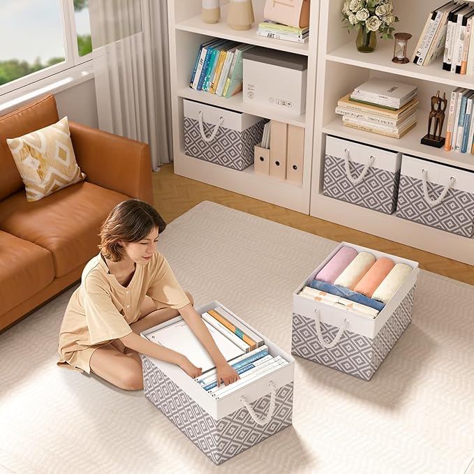 StorageTastic Storage Bins, 3-Pack Large Storage Box with Rope Handles, Collapsible Storage Basket for Organizing Books, Clothes, Rhombic Grey