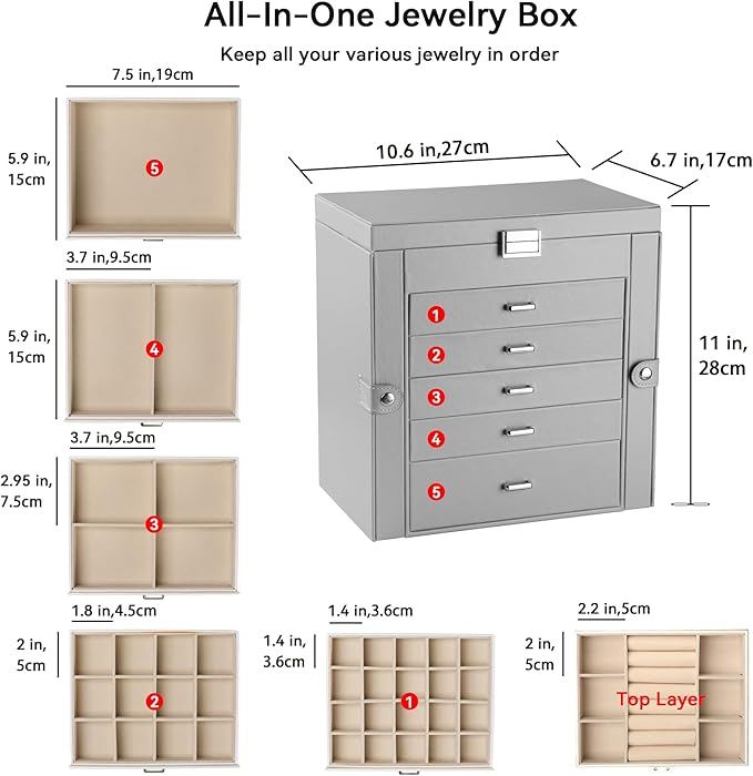 Frebeauty Large Jewelry Box,6-Tier PU Leather Jewelry Organizer,Multi-functional Storage Case with Mirror,Accessories Holder with 5 Drawers for Necklace Bracelets Watches(Grey)