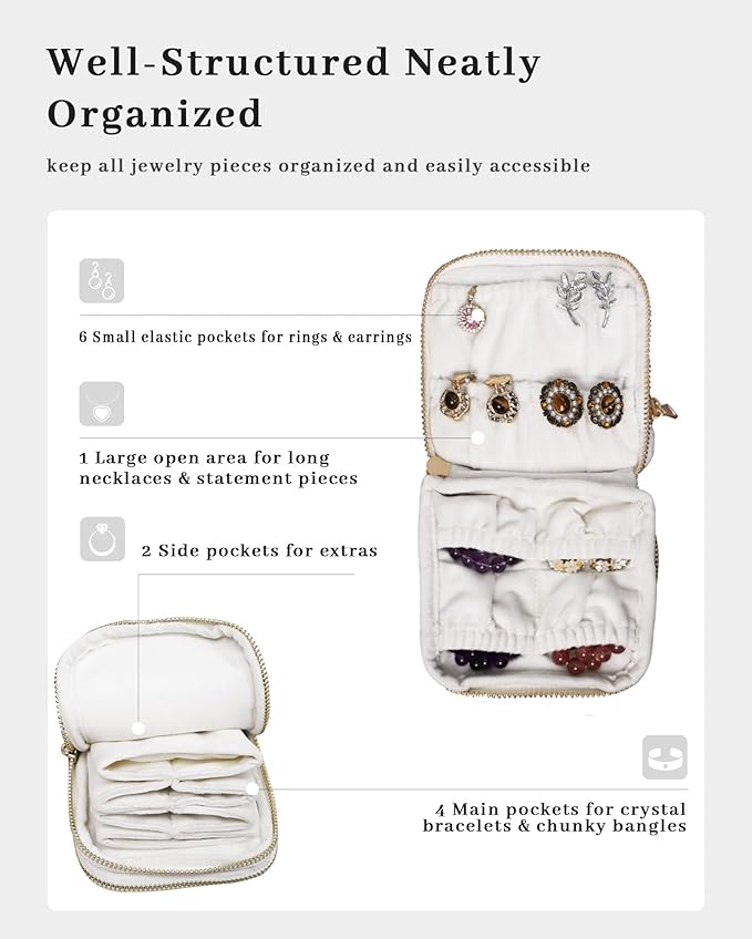 Stratalife Travel Jewelry Case Organizer 2-Layer Compact Storage Bag for Rings Earrings Necklace Bracelet Portable Velvet Jewelry Pouch with Zippers Travel Essential Gift for Women Cream White