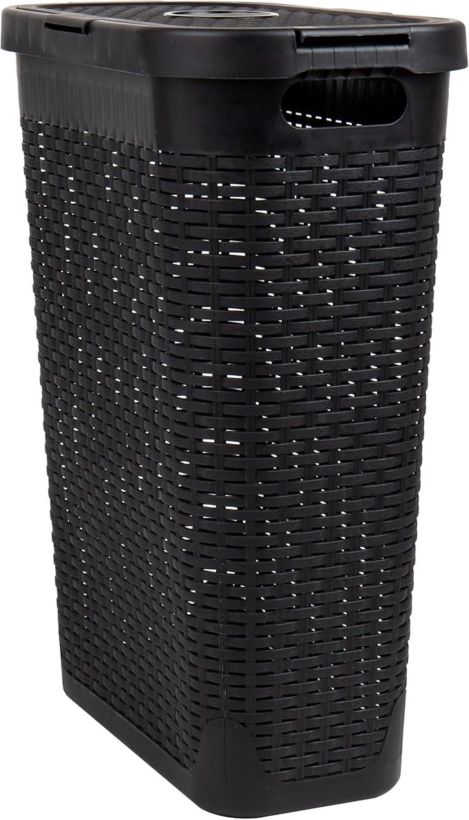 Mind Reader Slim Laundry Hamper with Lid, 40L Clothes Basket, Narrow Tapered Design with Ventilated Cutout Pattern, Plastic, Set of 2, Black