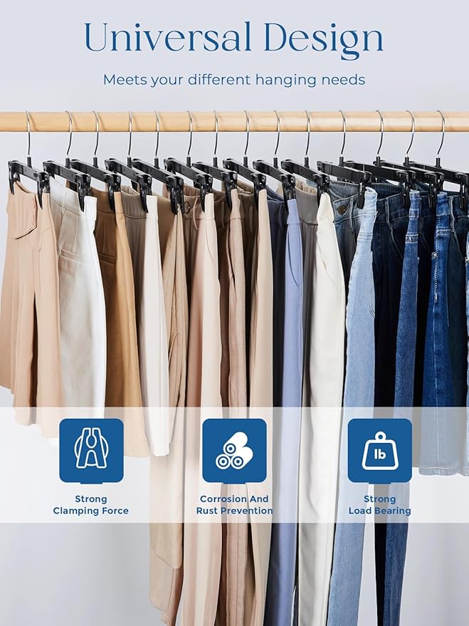 Smartor Space Saving Heavy Duty Hangers - 180 Pack, Slim Plastic Pants and Shorts Hangers, Ridged Non-Slip with Pinch Clips, 360-Rotating Chrome Swivel Hook, Black, 12 Inches