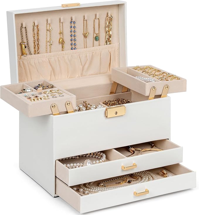AKOZLIN Travel Jewelry Box Organizer Functional 2-trays Leather Jewelry Storage Case with Lockable Portable 2 Drawers for Women Girls Ring Necklace Earring Bracelet
