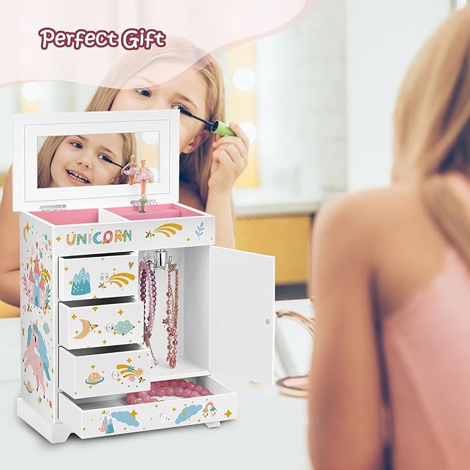 Large Jewelry Box for Girls 5-Layer Music Box with Swing Door Spinning Ballerina Unicorn Necklace & Bracelet Set Children Jewelry Organizer for Girls Kids Birthday Christmas Gift White