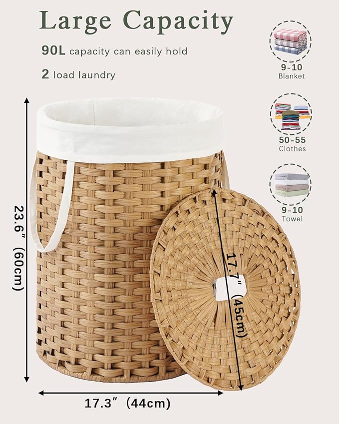 SETVSON Laundry Hamper with Lid 23.8 Gal (90 L) Round Laundry Basket with Lid Handwoven Clothes Hamper Removable Bag 2 Mesh Bags Rattan Woven Basket Handles for Bathroom Living Room Natural