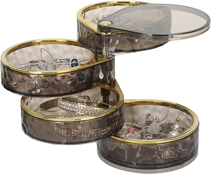 LETURE 4-Layers Rotatable Jewelry Organizer Storage Box, Clear Jewelry Holder Case for Ring Earring Necklaces Bracelets Makeup Hair Accessories