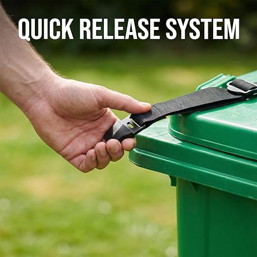 2PCS Bear Proof Trash Can Locks with Double Metal Claw - Adjustable Strap Garbage Can Locks for 28-96 Gallon Outdoor Bins, Animal Proof Against Raccoons - Black