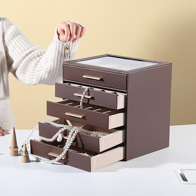 Frebeauty Clear Lid Jewelry Box,5-Layer Jewelry Organizer with Drawer,PU Leather Jewelry Organizers and Storage,Jewelry Boxes for Women,Jewelry Storage for Rings Earring Stud,Gift for Women(Brown)