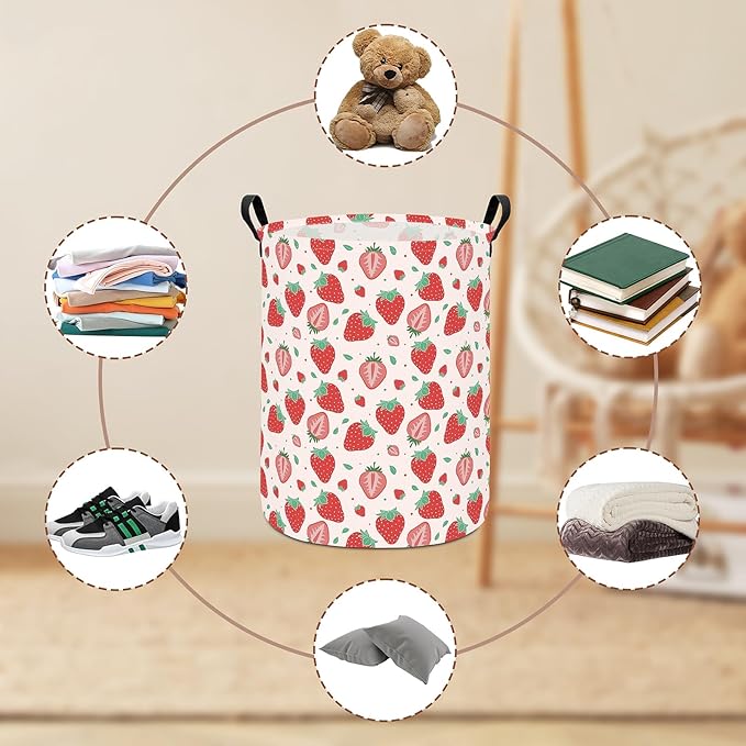 Laundry Hamper Large Canvas Fabric Lightweight Storage Basket/Toy Organizer/Dirty Clothes Collapsible Waterproof for College Dorms, Boys and Girls Bedroom,Bathroom(strawberry)