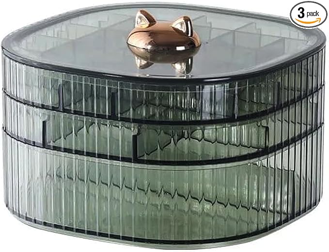 HALAFE Jewelry Box, 3-Layer Acrylic Jewelry Organizer with Cat Shape Handle, Clear Jewelry Boxes for Women Girls, Make up Organizer, Jewelry Storage Holder (Green, Cat)