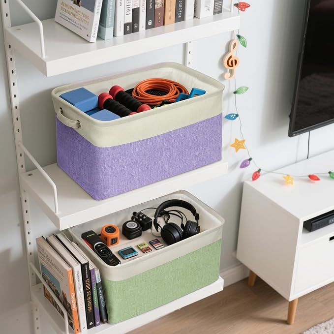 BALEINE 2 Pack Fabric Closet Storage Bins for Shelves, Linen Closet Organizers and Storage, Decorative Baskets for Organizing, Shelf, Clothes, Home, Office (Green, 15''x11''x9.5'')