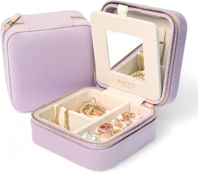 BLUTETE Travel Jewelry Box Organizer Velvet Travel Case With Mirror Rings Earrings Necklaces Storage Organizer Box (Lavender)
