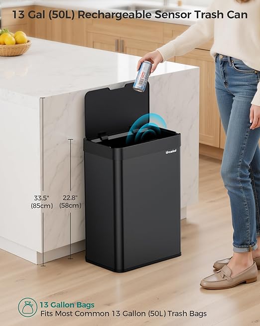 Kitchen Trash Can Touchless, 13 Gallon/50 Liter Stainless Steel Automatic Motion Sensor Trash Can, Type-C Rechargeable Garbage Can with Lid, Silent Close, Touchless Trash Bin for Home Kitchen, Black