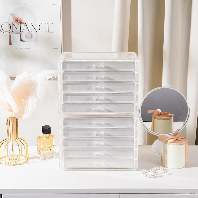 Lolalet Earring Holder Organizer Box Jewelry Storage with 10 Drawers, Clear Acrylic Stackable Earring Case with Adjustable Velvet Trays for Women on Dresser Vanity - Warmwhite,10 Layers