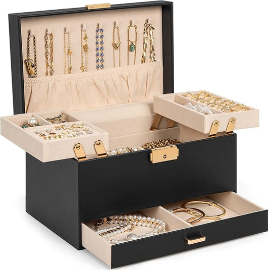 AKOZLIN Travel Jewelry Box Organizer Functional 2-trays Leather Jewelry Storage Case with Lockable Portable Drawer for Women Girls Ring Necklace Earring Bracelet