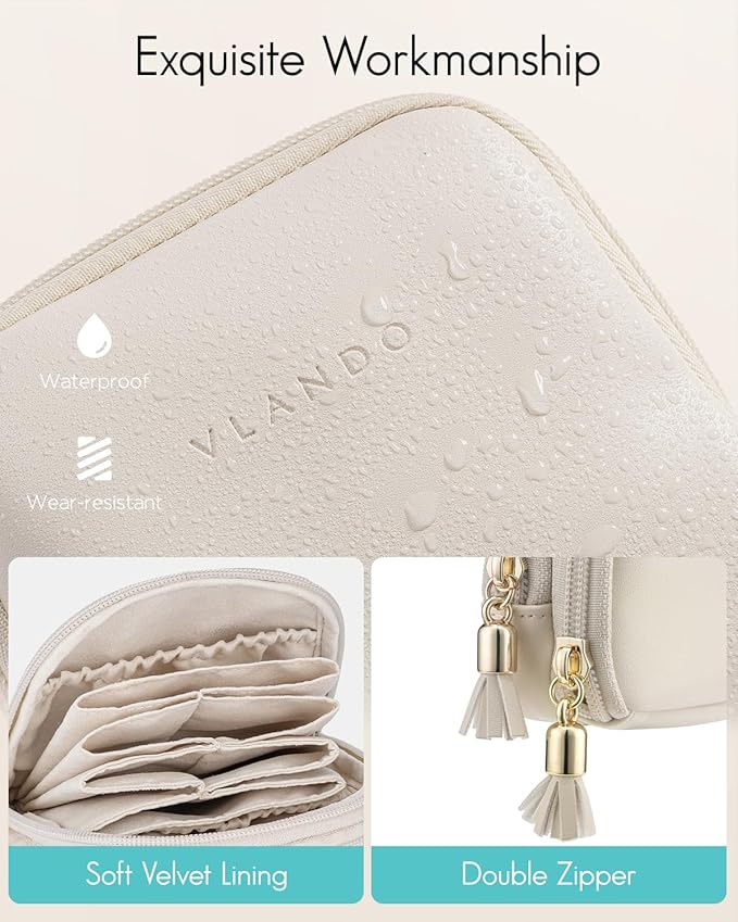 VLANDO Travel Jewelry Case,2-Layer Jewelry Organizer for Travel,Mothers Day Mom Gifts Teacher Gifts,Multi-Compartment Jewelry Storage for Rings Earrings Necklaces Bracelets-Cream White