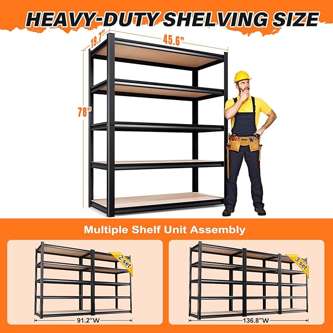 78''H*46''W Storage Shelves,3000LBS Garage Shelving ,Adjustable Garage Shelves ,Heavy Duty Metal Shelving, 5 Tier Wood Utility Steel Shelf, Shelving Units and Storage Rack fo Kitchen Pantry Laundry