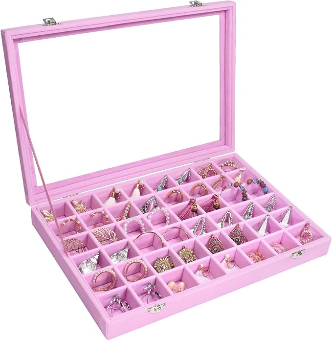 Siveit Velvet Jewelry Tray 48 Grid Jewelry Display Tray Organizer Box with Transparent Lid Rings Earrings Necklaces Pendants Display Box Suitable for Women and Girls (Pink)