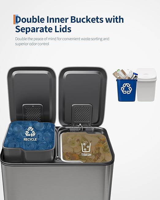 GarveeHome 2 x 8 gal Stainless Steel Double Trash Can with Lid for Kitchen, Large Dual Trash and Recycle Bin Combo, Step-on Kitchen Metal Garbage Cans, PP Inner Buckets, Liner Rim