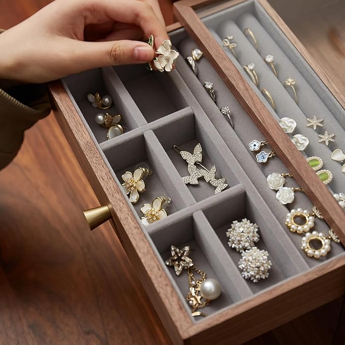 Black Walnut Jewelry Organizers and Storage,3 Layer Wooden Jewelry Boxes for Women,for Necklaces Ring Earring (3 Layer)